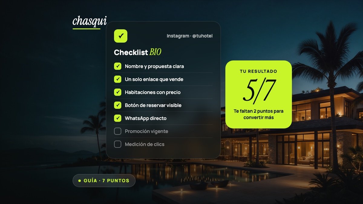 Checklist BIO de Chasqui con 5 de 7 puntos cumplidos sobre un hotel con piscina al anochecer