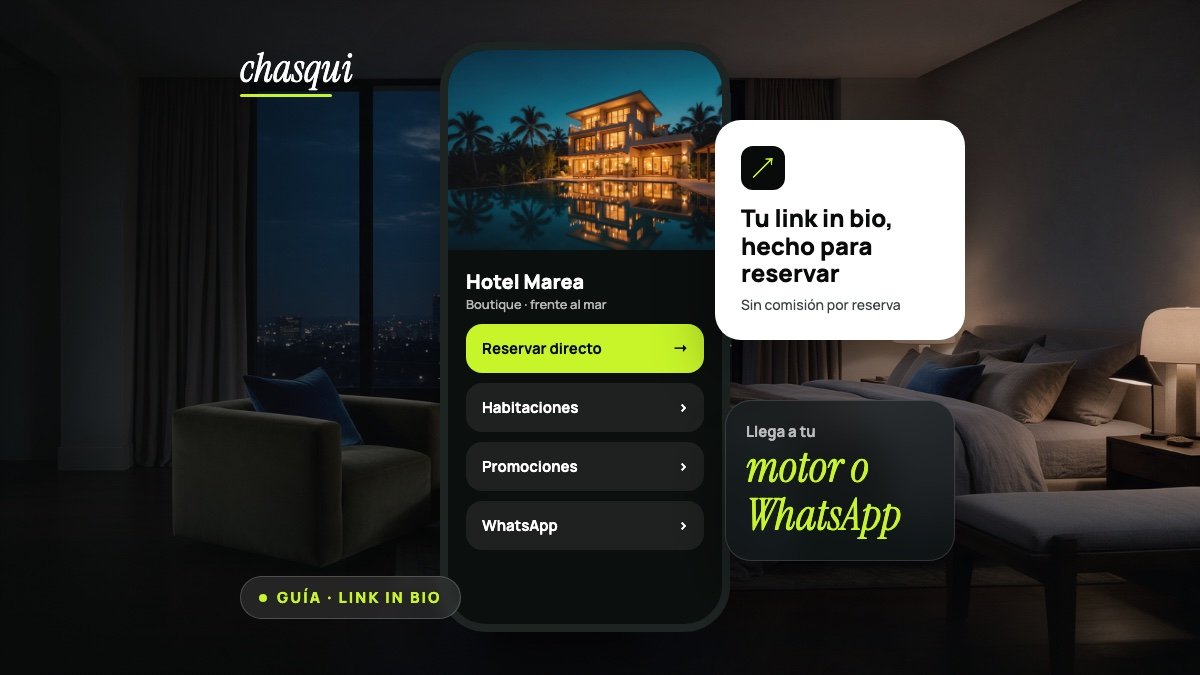 Link in bio de un hotel hecho con Chasqui, con botón para reservar directo, sobre una suite al anochecer